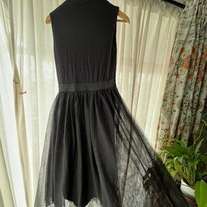 SHARAGANO MOCK NECK TULLE TEA LENGTH COCKTAIL DRESS